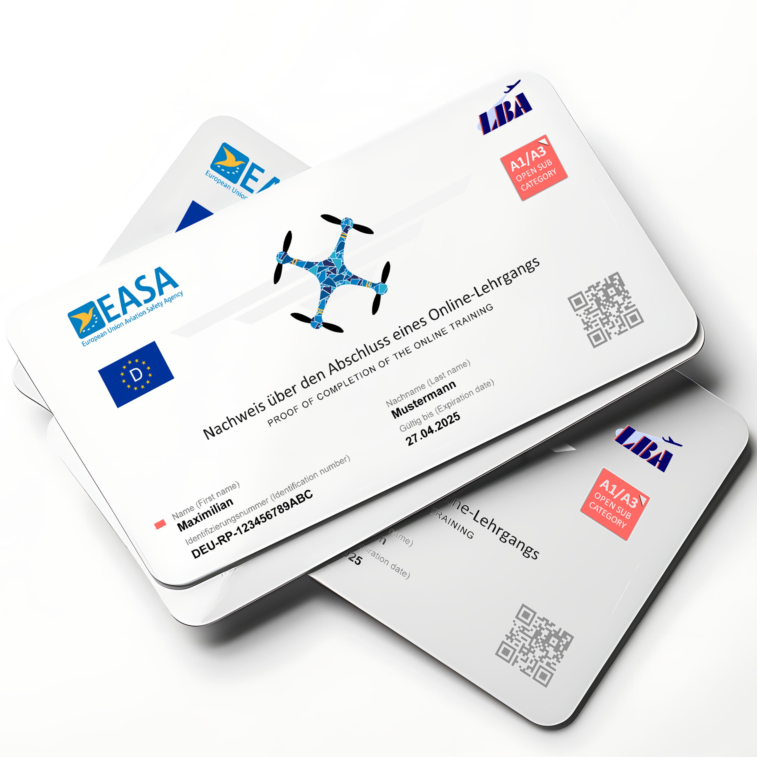 Drohnenführerschein nach LBA-Vorgaben personalisiert - EU-Kompetenznachweis A1/A3 und A2 in Scheckkartengröße mit QR-Code personlaisiert auf PVC-Plastikkarte