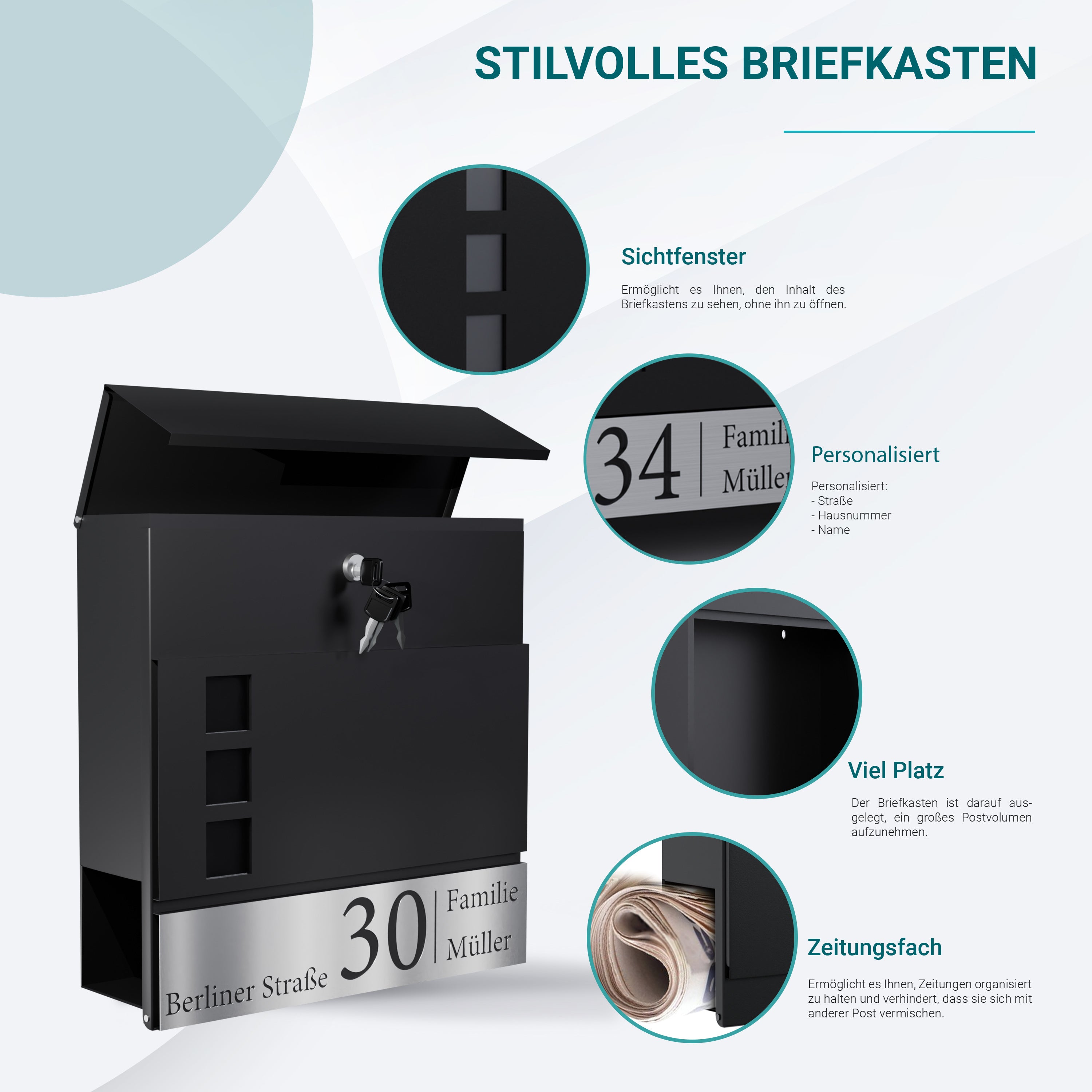 Briefkasten mit Zeitungsfach Anthrazit Inkl. 4 Schlüssel - Postkasten personalisiert mit Familienname Straße und Hausnummer - hochwertiger Wandbriefkasten personalisiert