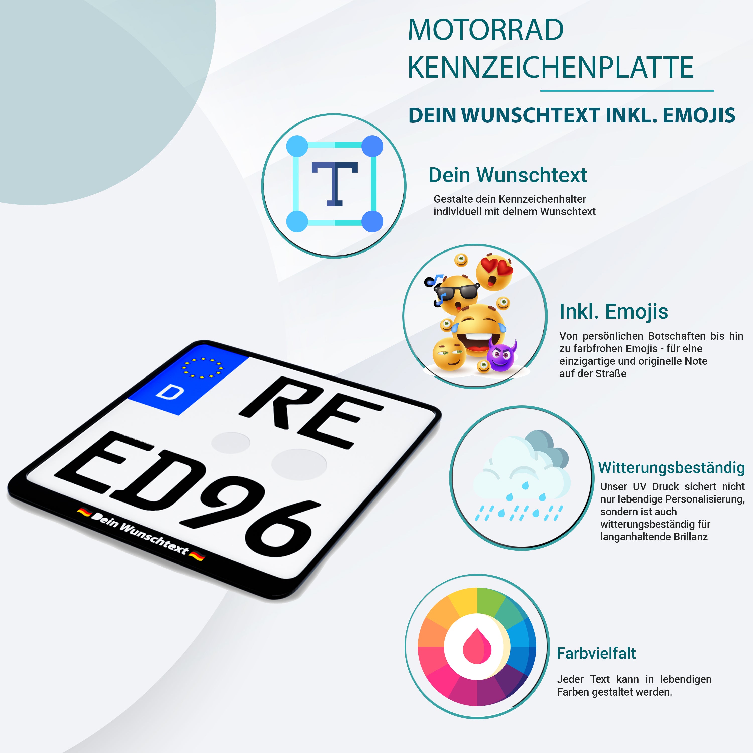 Motorrad Kennzeichenplatte Aluminium 180x200 personalisiert mit Wunschtext und Emojis Universelle Kennzeichenhalter Motorrad Nummernschildhalterung - Wetterfest