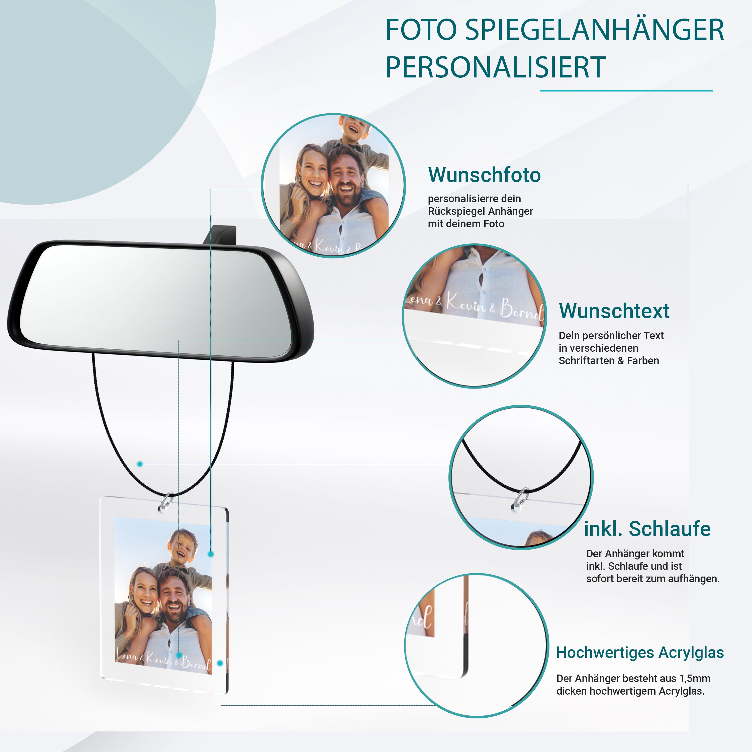 Foto Spiegelanhänger personalisiert mit Foto und Wunschtext - Beidseitig bedruckt aus Acrylglas - Auto Anhänger für Spiegel - Autogeschenk