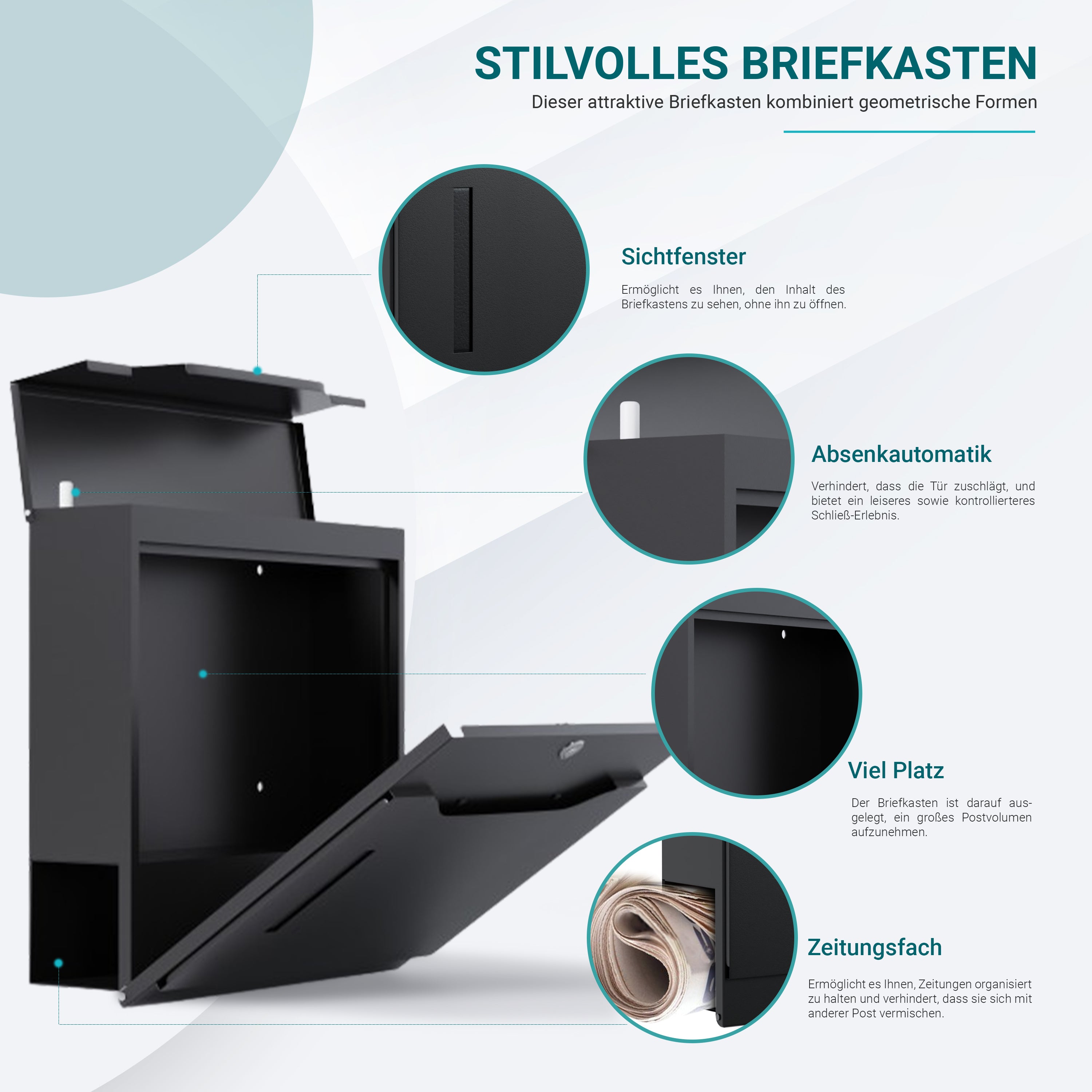 Premium Briefkasten mit Zeitungsfach und Sichtfenster Anthrazit - Postkasten personalisiert mit Familienname Straße und Hausnummer - hochwertiger Wandbriefkasten personalisiert