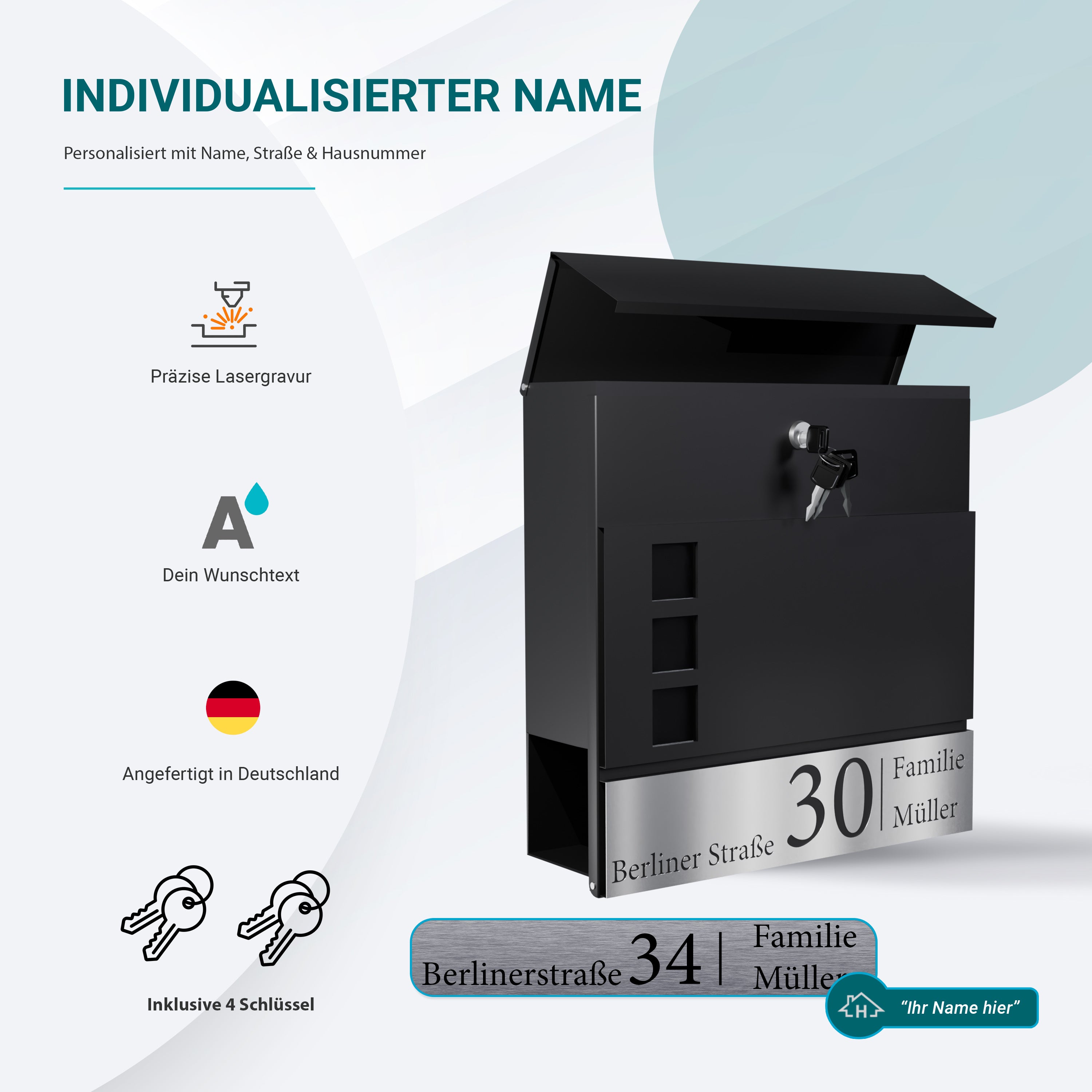 Briefkasten mit Zeitungsfach Anthrazit Inkl. 4 Schlüssel - Postkasten personalisiert mit Familienname Straße und Hausnummer - hochwertiger Wandbriefkasten personalisiert