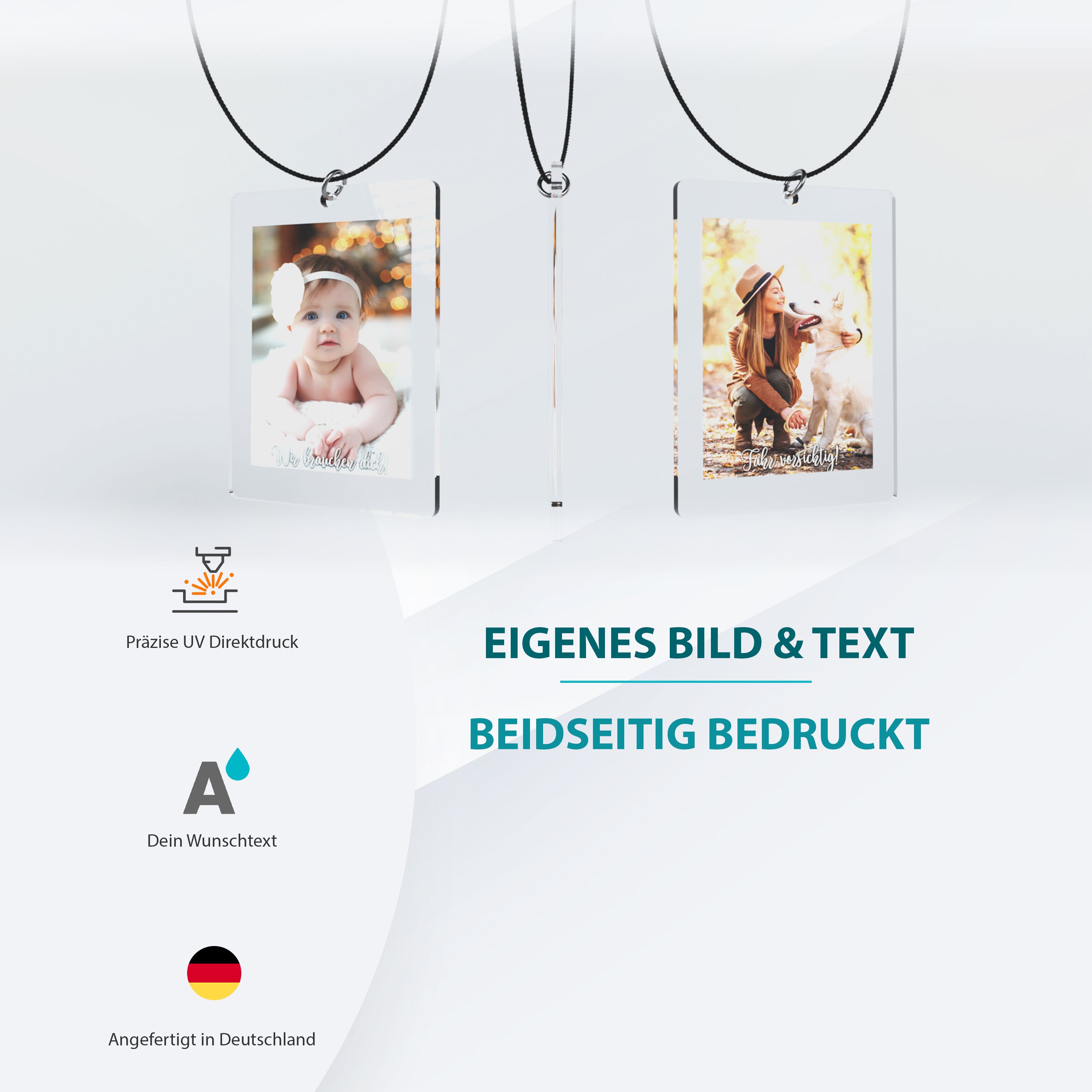 Foto Spiegelanhänger personalisiert mit Foto und Wunschtext - Beidseitig bedruckt aus Acrylglas - Auto Anhänger für Spiegel - Autogeschenk