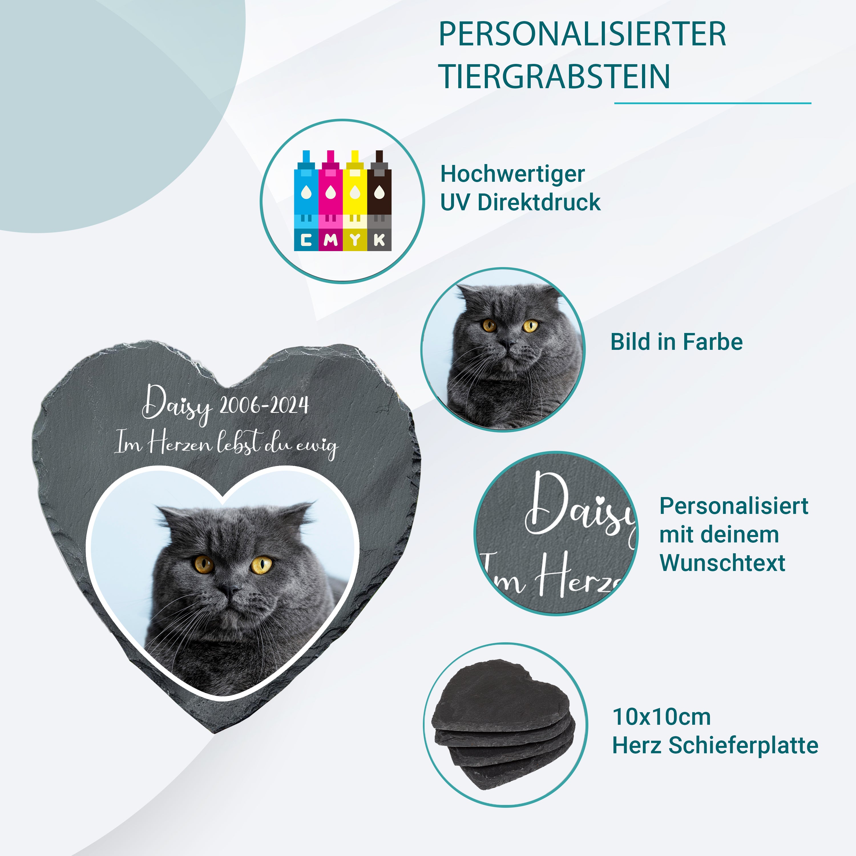 Grabplatte Hund und Katze mit Foto und Gravur in Herzform | Grabmal Wetterfester Gedenkstein Grabstein mit Foto Tiergrabstein 10x10cm