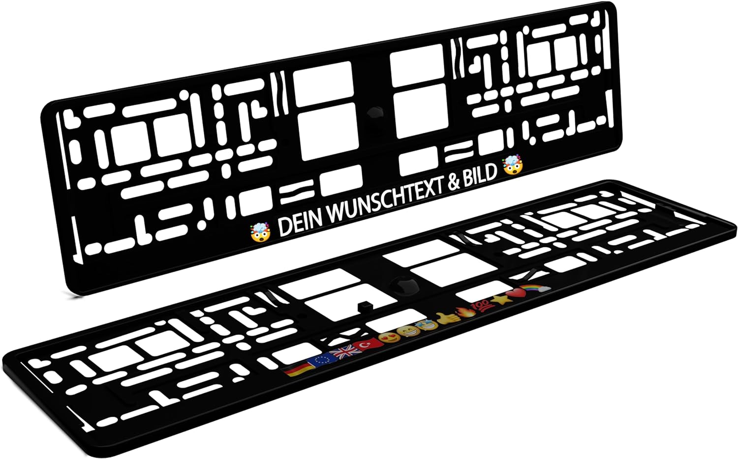 Kennzeichenhalter Personalisiert mit Wunschtext und Emojis - 2 Stück Kennzeichenrahmen für Auto - Wetterfest - Nummerschildhalter - KFZ-Kennzeichenhalter