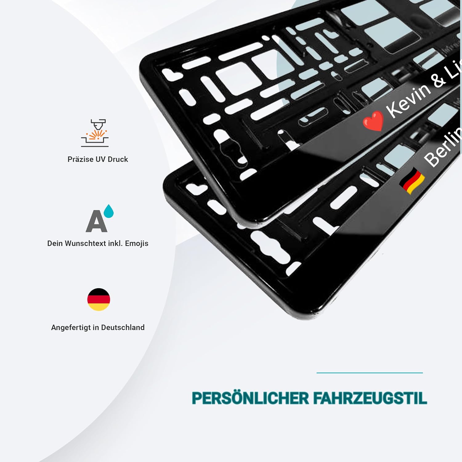 Kennzeichenhalter Personalisiert mit Wunschtext und Emojis - 2 Stück Kennzeichenrahmen für Auto - Wetterfest - Nummerschildhalter - KFZ-Kennzeichenhalter