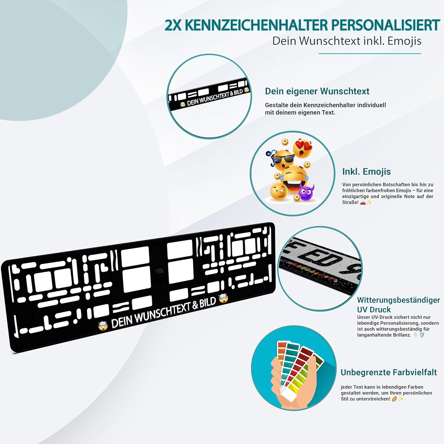 Kennzeichenhalter Personalisiert mit Wunschtext und Emojis - 2 Stück Kennzeichenrahmen für Auto - Wetterfest - Nummerschildhalter - KFZ-Kennzeichenhalter