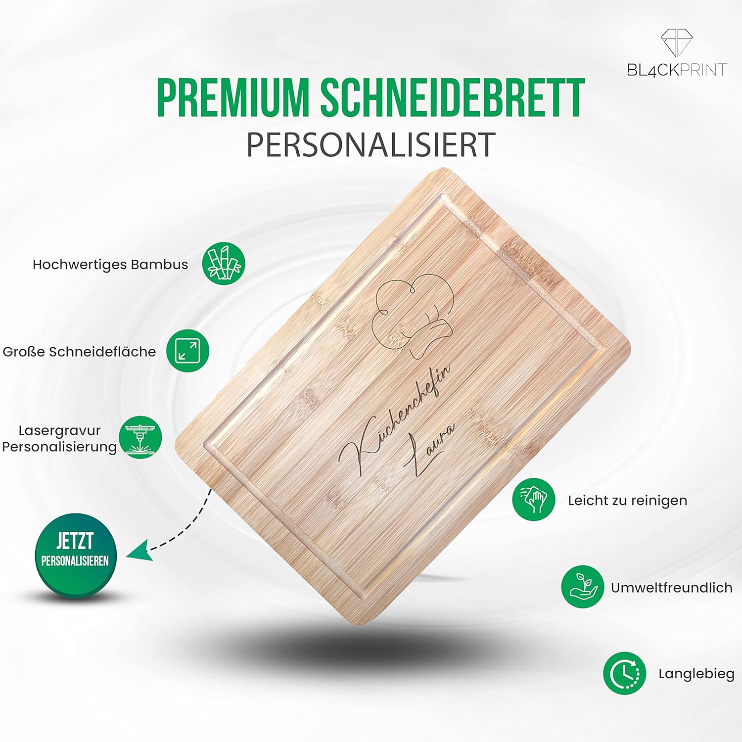 Küchenbrett aus Bambus mit Gravur - Bambus Schneidebrett mit Motiv 36x26x2