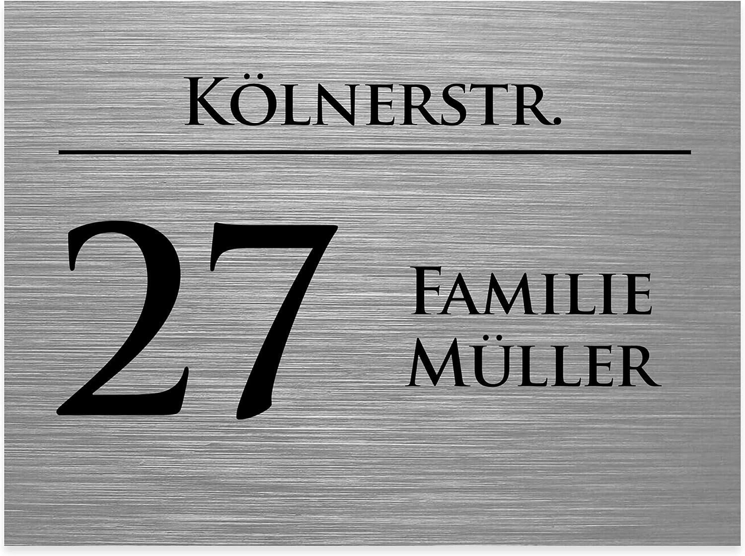 Hausnummernschild mit Gravur Nummer, Straßenname und Name Silber gebürstet - UV-beständig - Resistent gegen Korrosion und Oxidation