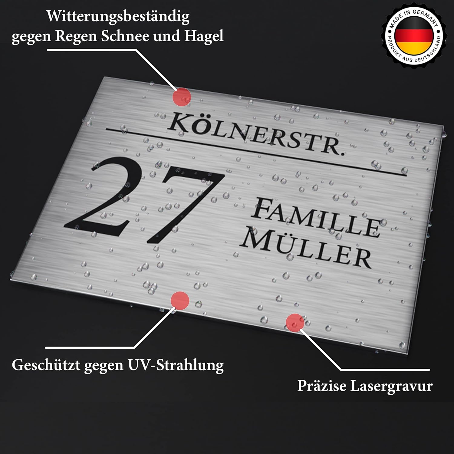 Hausnummernschild mit Gravur Nummer, Straßenname und Name Silber gebürstet - UV-beständig - Resistent gegen Korrosion und Oxidation