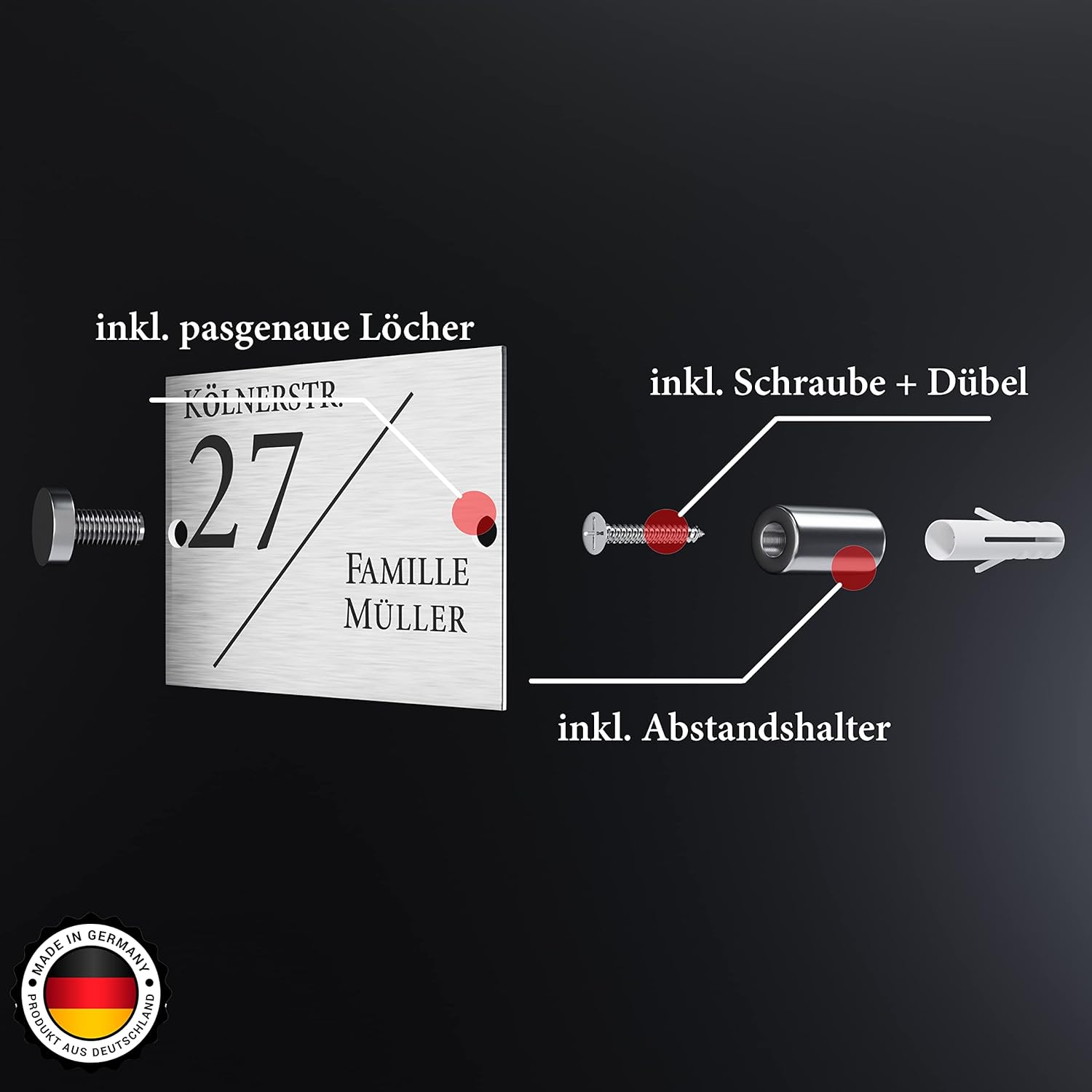 Hausnummernschild mit Gravur Nummer, Straßenname und Name Silber gebürstet - UV-beständig - Resistent gegen Korrosion und Oxidation