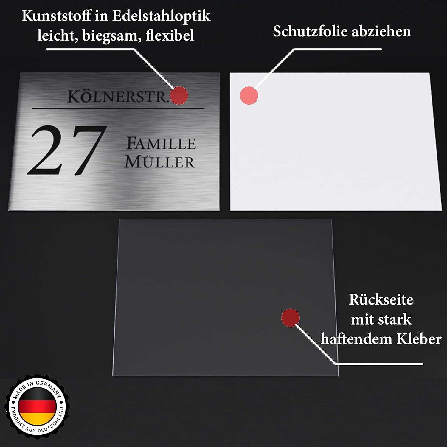 Hausnummernschild mit Gravur Nummer, Straßenname und Name Silber gebürstet - UV-beständig - Resistent gegen Korrosion und Oxidation