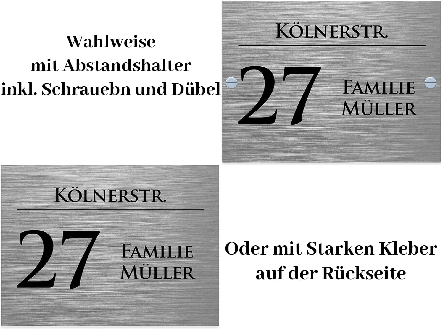 Hausnummernschild mit Gravur Nummer, Straßenname und Name Silber gebürstet - UV-beständig - Resistent gegen Korrosion und Oxidation