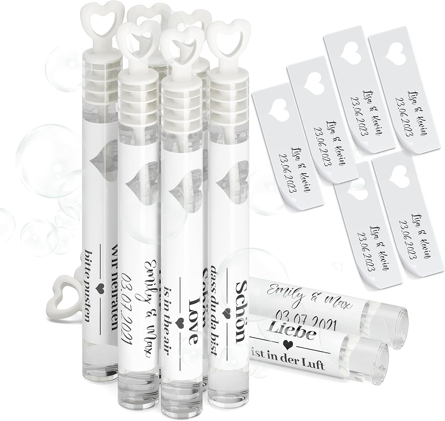 Set of 24 customizable soap bubble tubes - label with name and date - with bubble liquid
