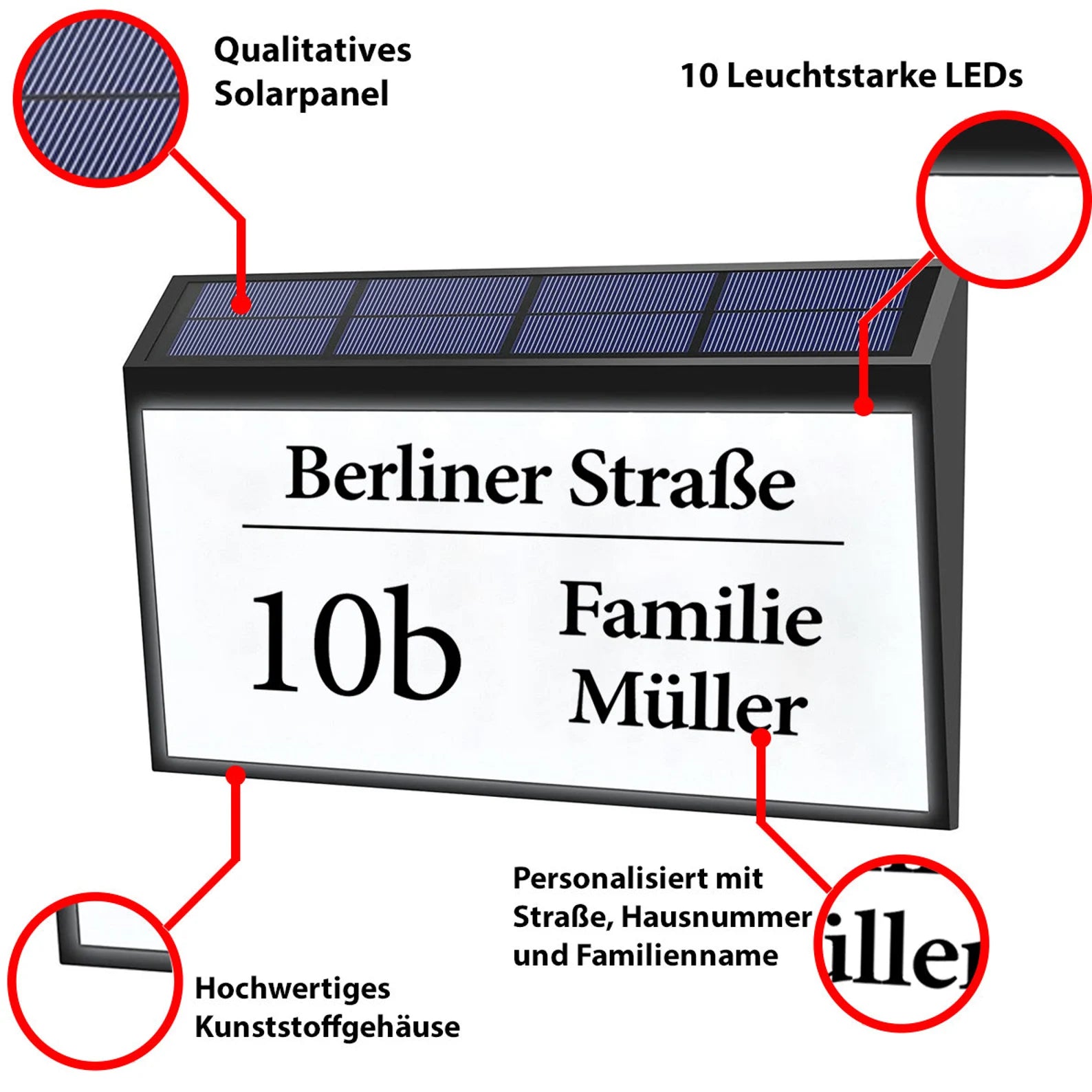 Beleuchtete Solar Hausnummer Personalisiert Hausnummernleuchte Hausnummernschild mit 10 LEDs