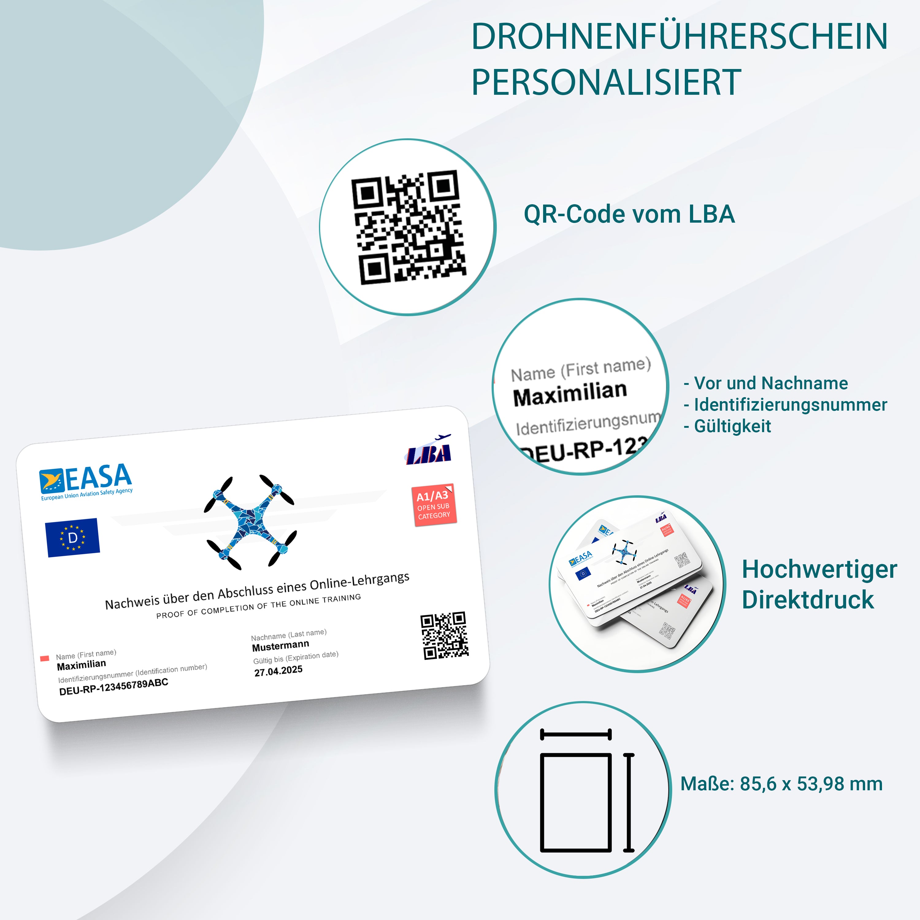 Drohnenführerschein nach LBA-Vorgaben personalisiert - EU-Kompetenznachweis A1/A3 und A2 in Scheckkartengröße mit QR-Code personlaisiert auf PVC-Plastikkarte