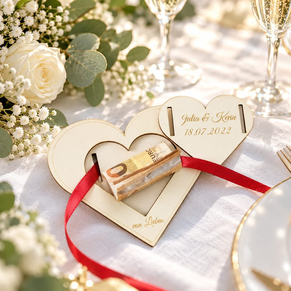 Money gift wedding personalized heart shape made of wood with ribbon