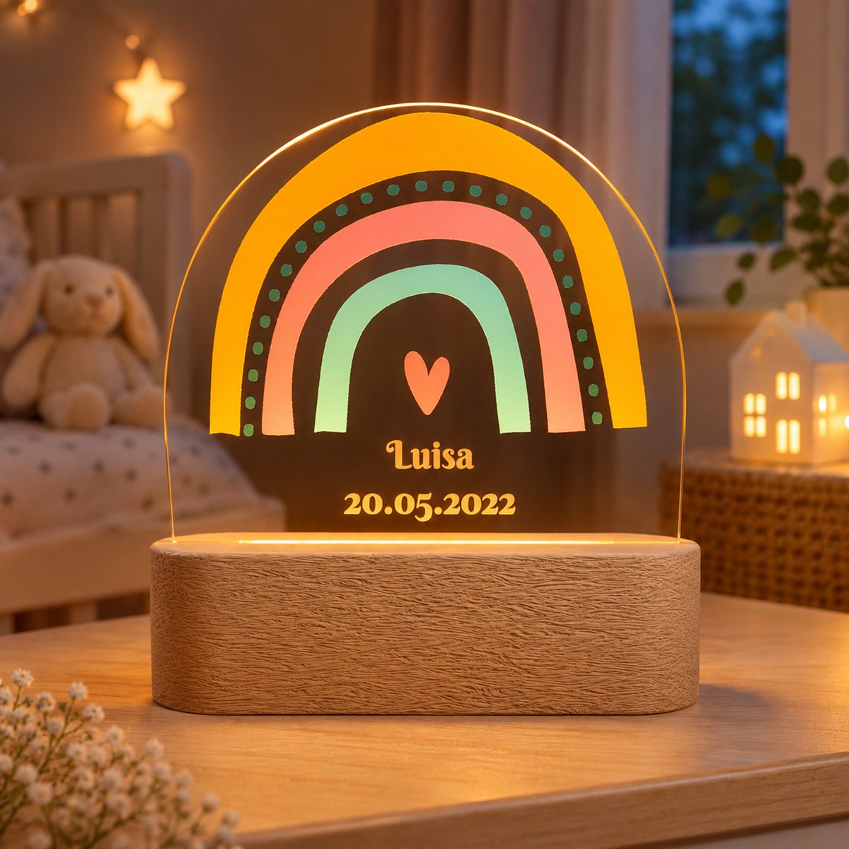 Nachtlicht Regenbogen mit Name und Datum im Kinderzimmer