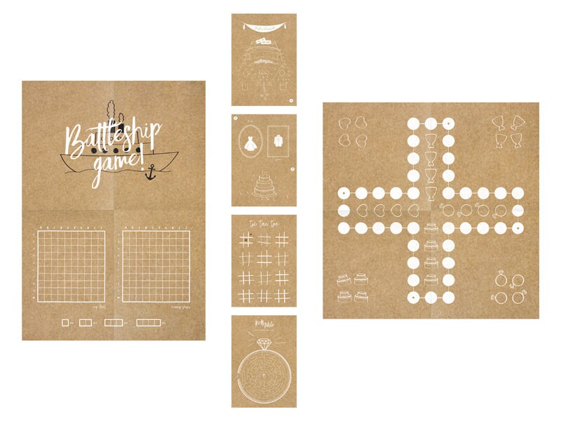 Kinderbeschäftigung Set für die Hochzeit mit Spielkarten / Schiffe versenken / Labyrinth / Wörtersuche /Tic Tac Toe