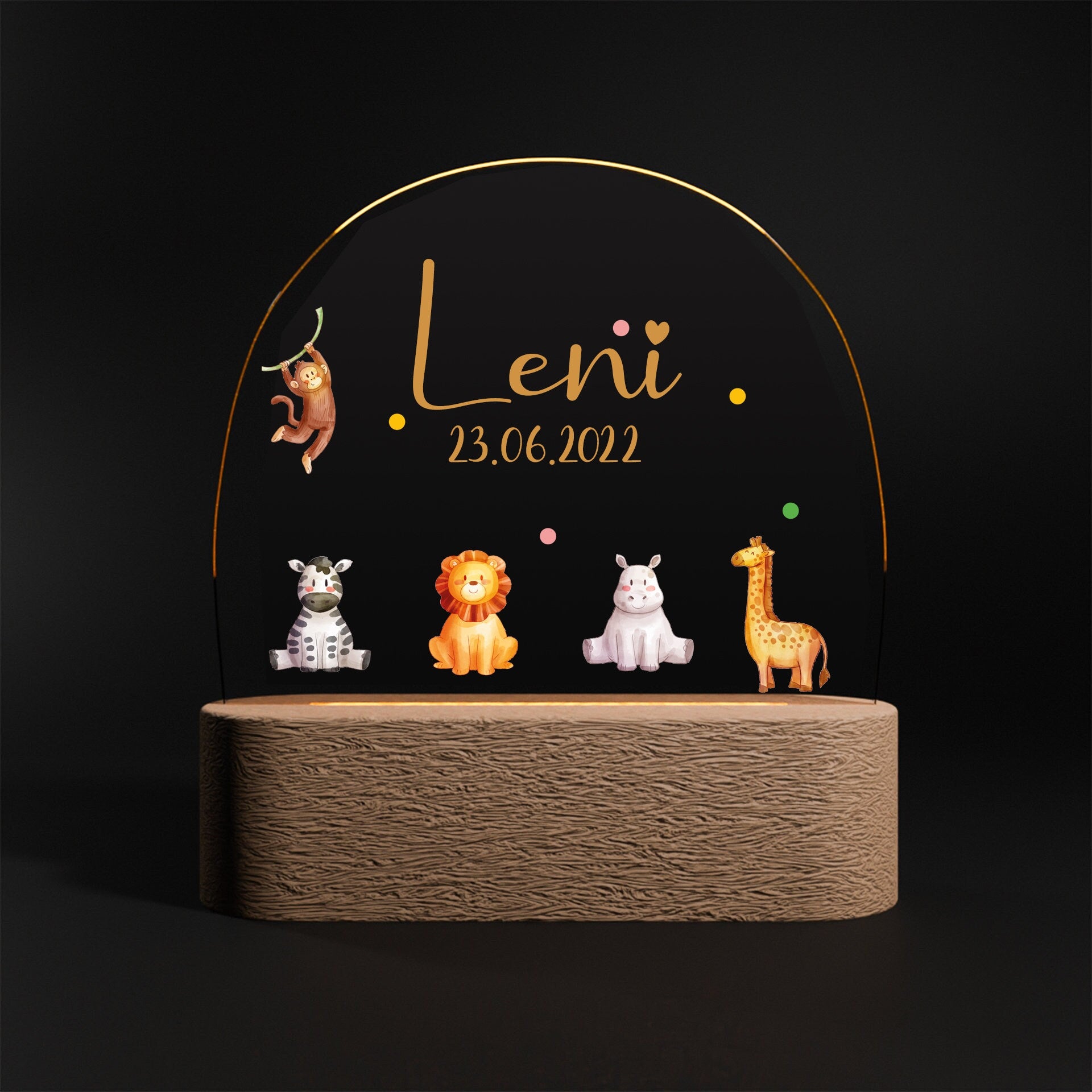 Nachtlicht Kinder Baby Personalisiert Acryl Tiere 2 mit Name und Datum