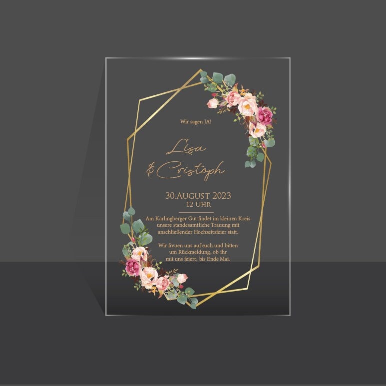 Modell 7 - Einladungskarten aus Acrylglas personalisierbar - Plexiglasscheiben für Hochzeitseinladung