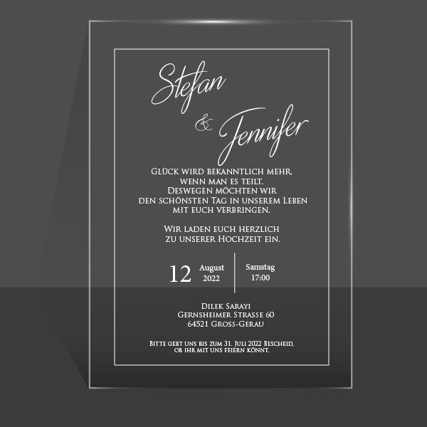 Modell 8 - Einladungskarten aus Acrylglas personalisierbar - Plexiglasscheiben für Hochzeitseinladung
