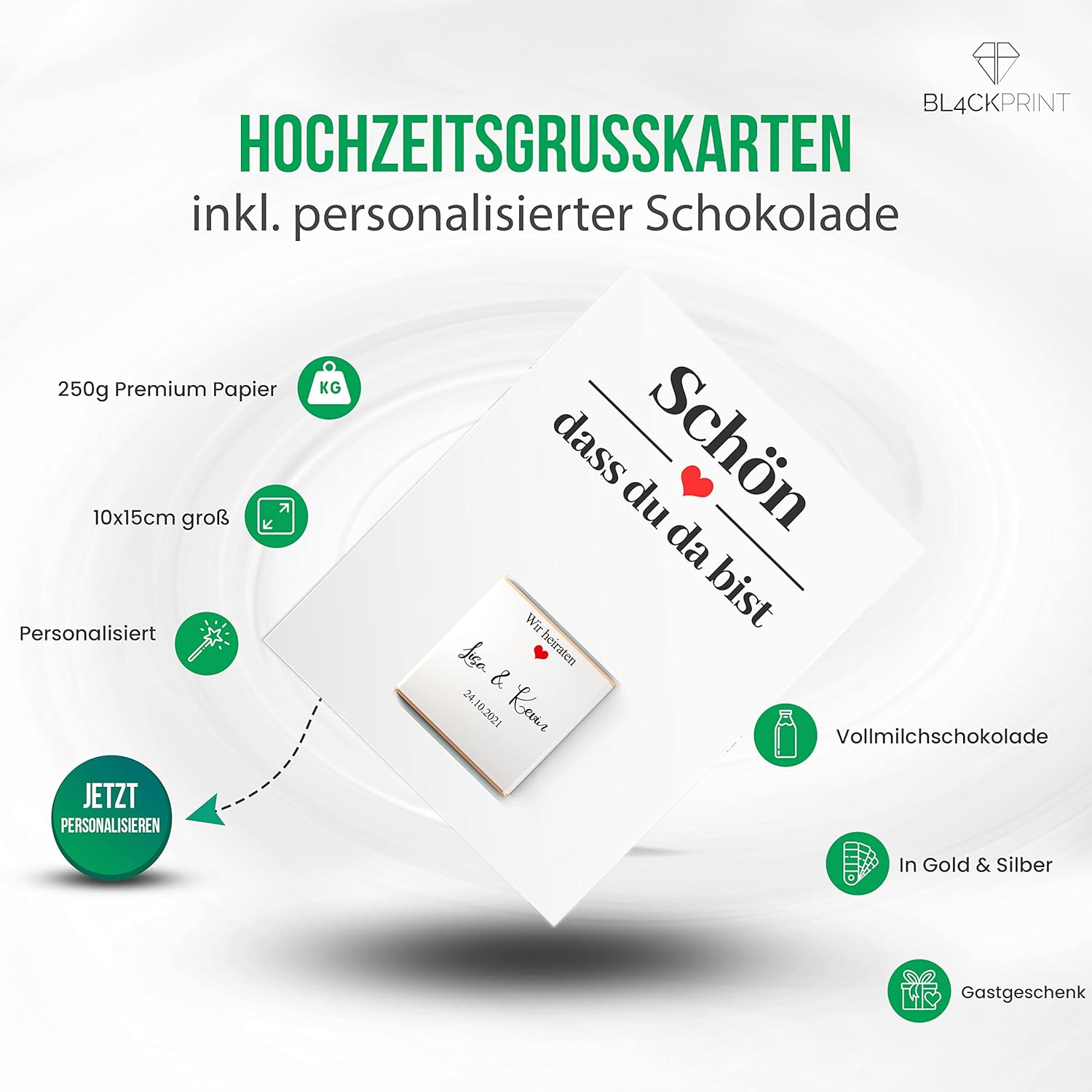 Hochzeitsgrußkarte mit Schokolade 10 Stk. - Schokoladenbotschaft - personalisierte Schokolade