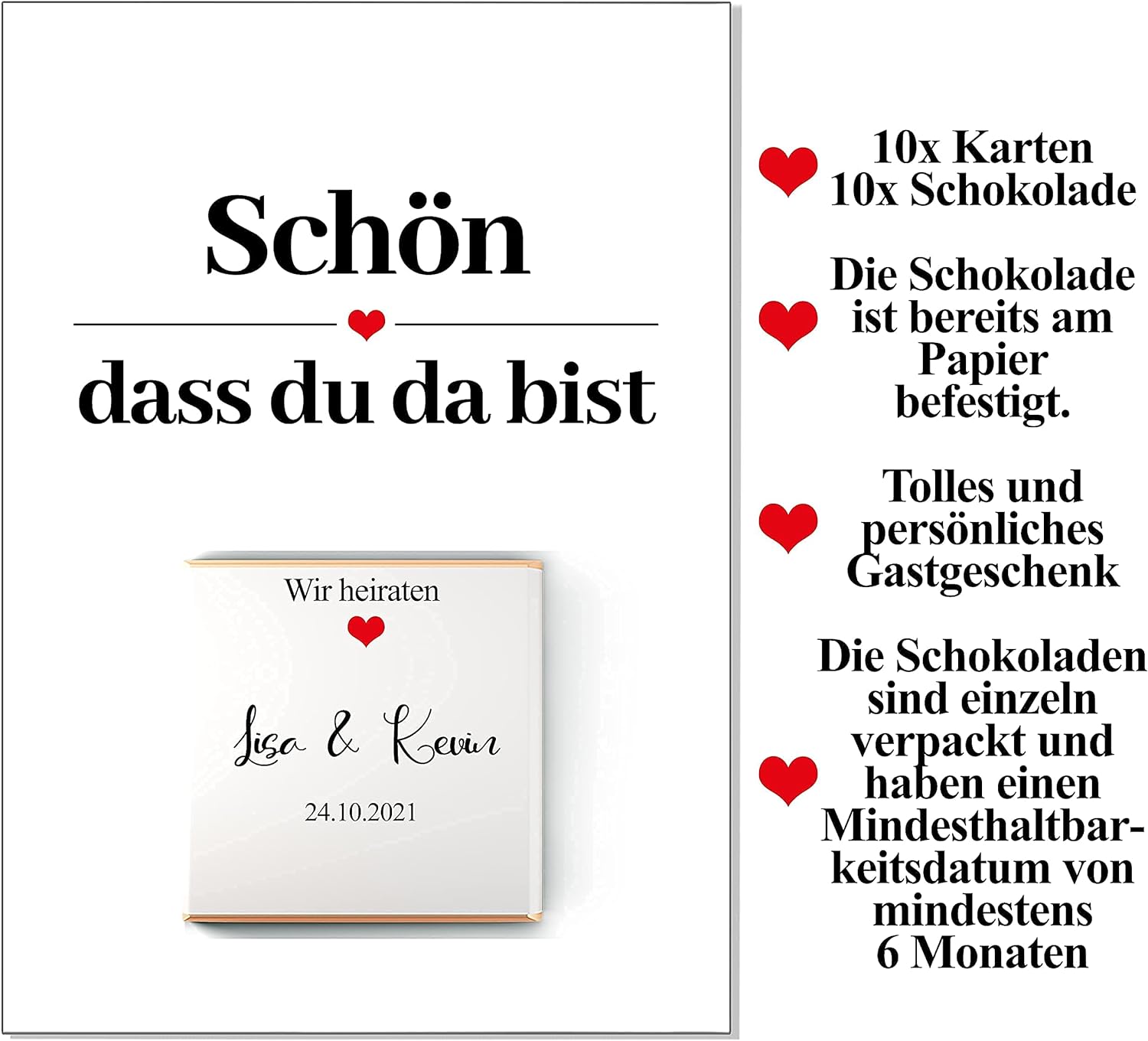 Hochzeitsgrußkarte mit Schokolade 10 Stk. - Schokoladenbotschaft - personalisierte Schokolade