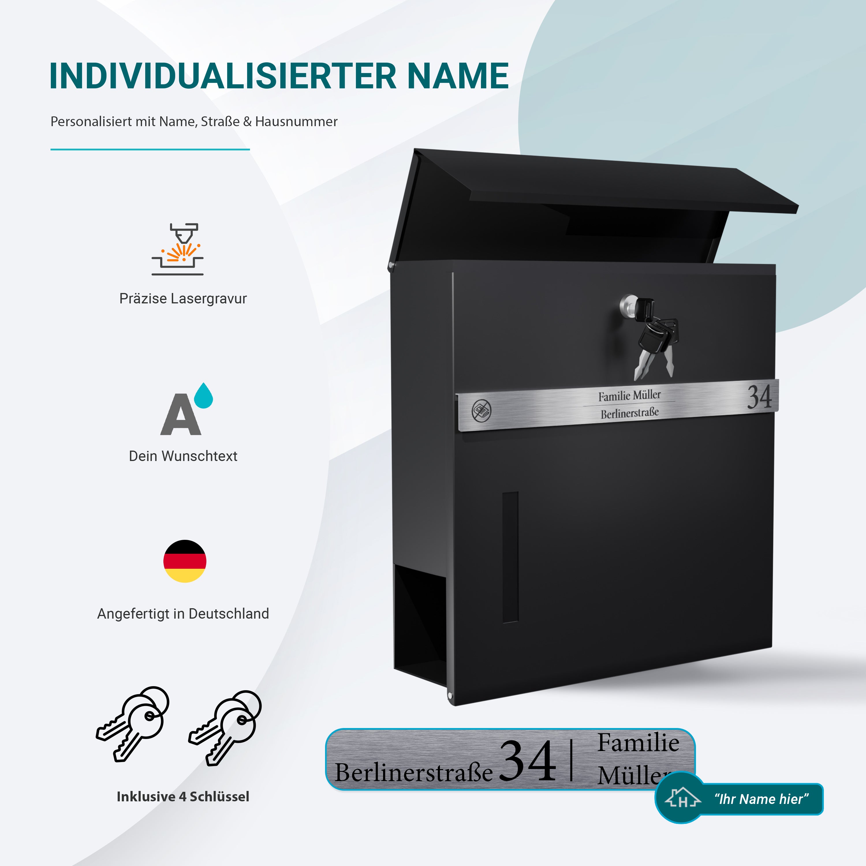 Briefkasten mit Zeitungsfach Anthrazit Inkl. 4 Schlüssel - Postkasten personalisiert mit Familienname Straße und Hausnummer - hochwertiger Wandbriefkasten personalisiert