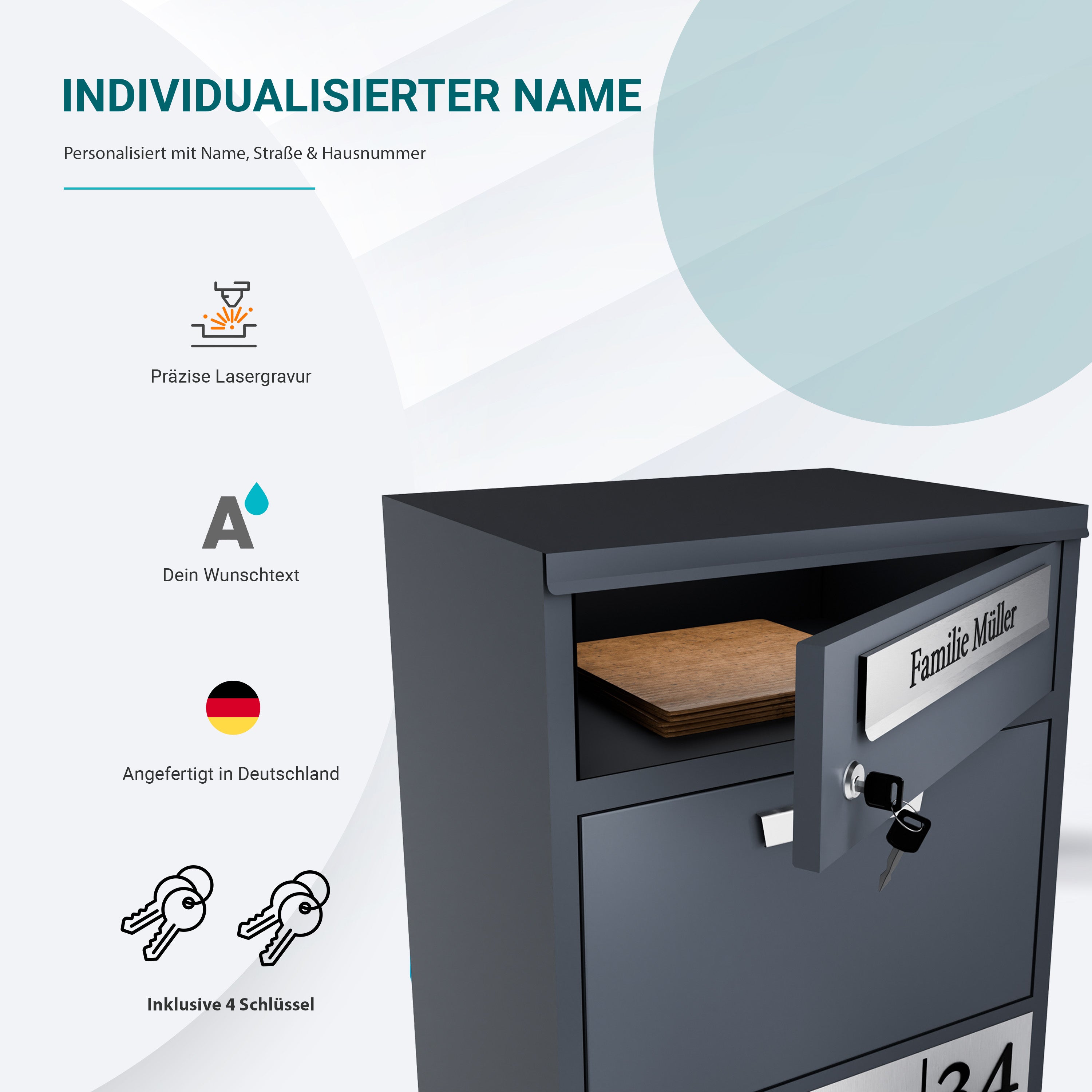Cassetta postale con scomparto per giornali antracite Incl. 4 chiavi - cassetta postale personalizzata con cognome, via e numero civico - cassetta postale da parete di alta qualità personalizzata 
