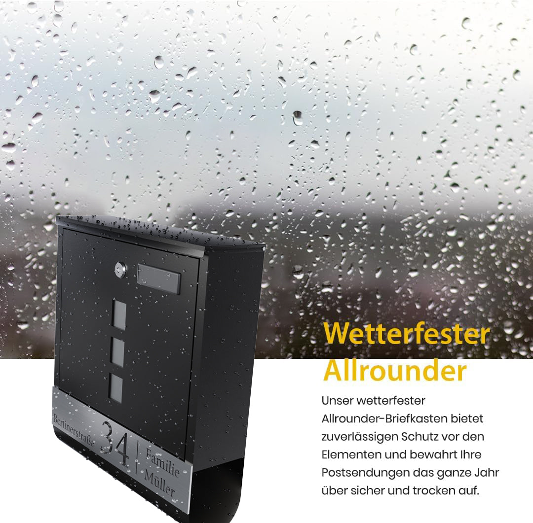 Premium Briefkasten Anthrazit Sichtfenster - Postkasten personalisiert mit Familienname Straße und Hausnummer