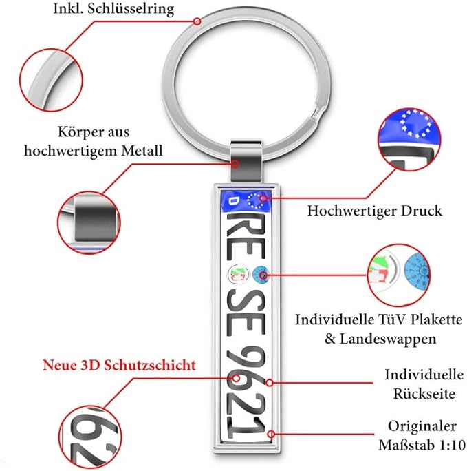 LEXTRADY Schlüsselanhänger in Premium Qualität mit KFZ Kennzeichen  Autoschilder Wunschkennzeichen Wunschtext für Auto Nummernschild Geschenk