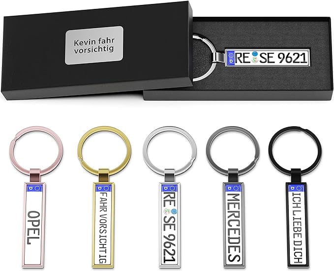 Personalisierter Kennzeichen-Schlüsselanhänger wahlweise mit Geschenkbox Mini Nummernschild
