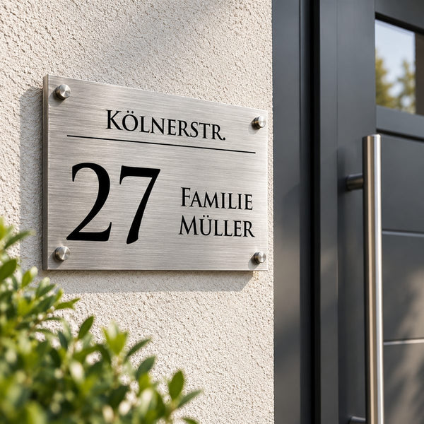 House number sign with engraved number, street name and name brushed silver