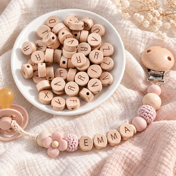 Wooden letter beads round flat 15mm DIY pacifier chain for threading 