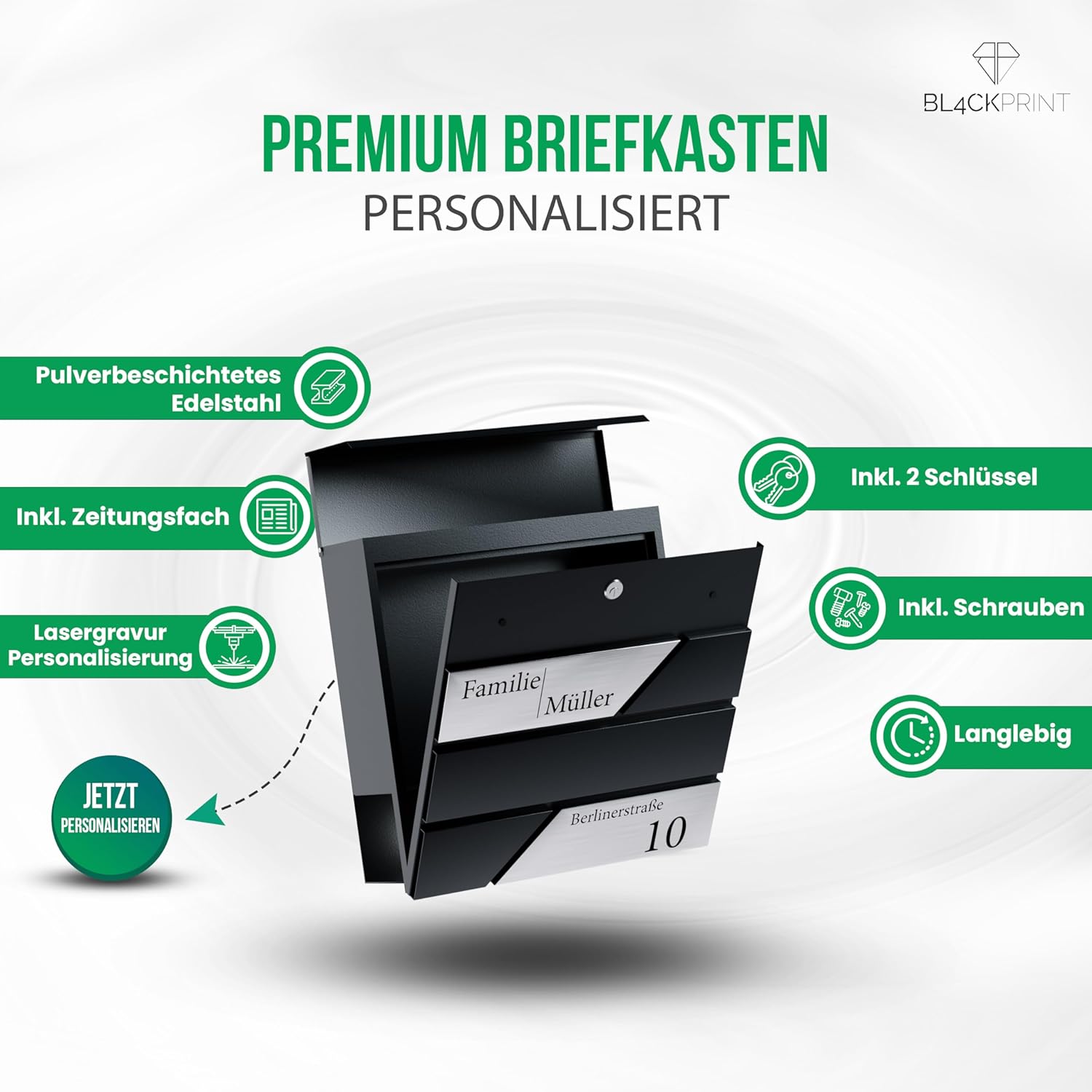 Premium Briefkasten mit Zeitungsfach Anthrazit - Postkasten personalisiert mit Familienname Straße und Hausnummer