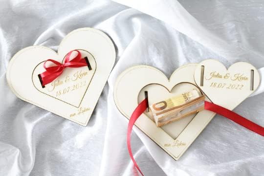 Geldgeschenk Hochzeit Personalisiert Herzform aus Holz mit Band