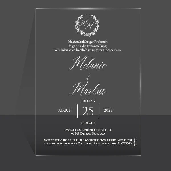 Modell 1 - Einladungskarten aus Acrylglas personalisierbar - Plexiglasscheiben für Hochzeitseinladung