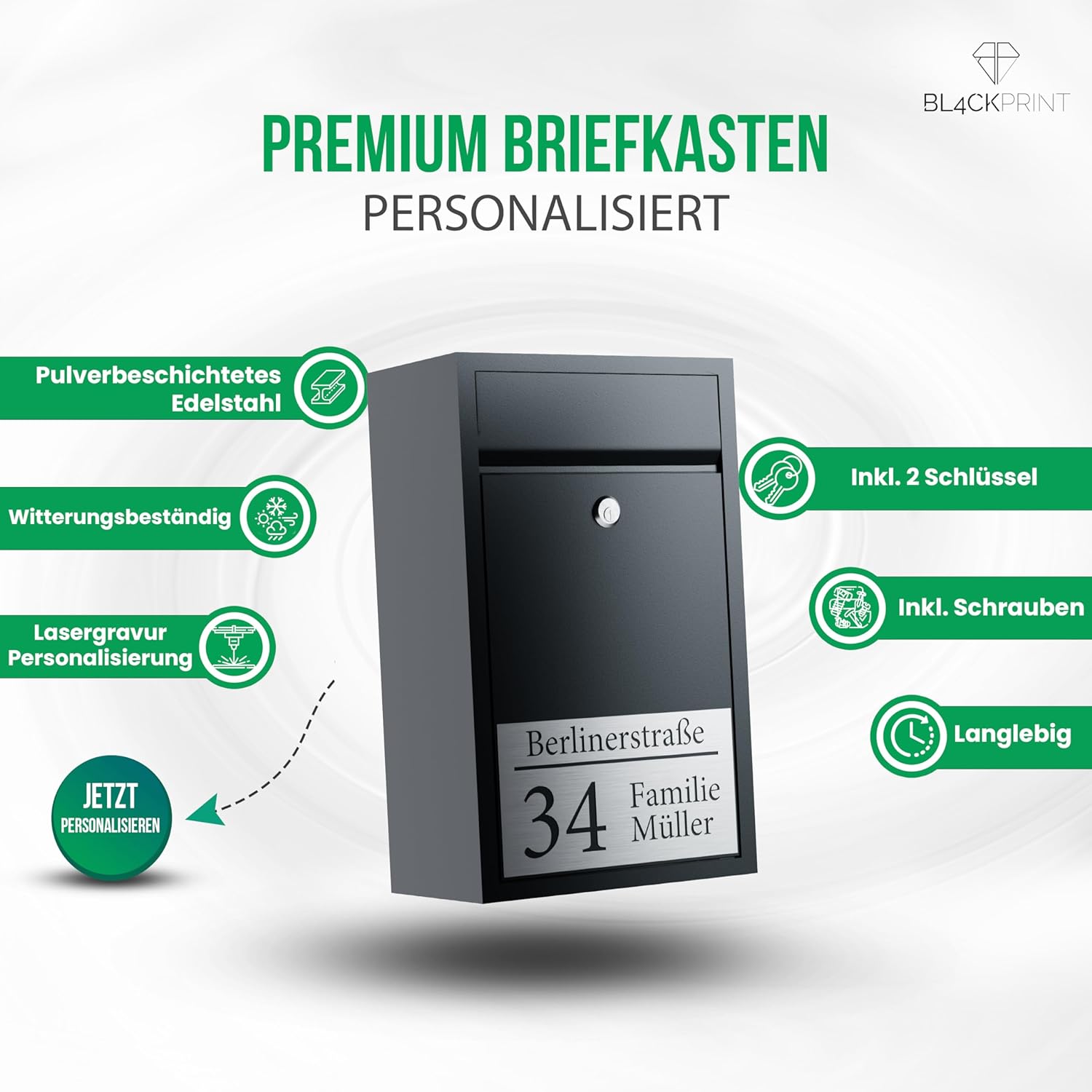 Premium Briefkasten Anthrazit - Postkasten personalisiert mit Familienname Straße und Hausnummer